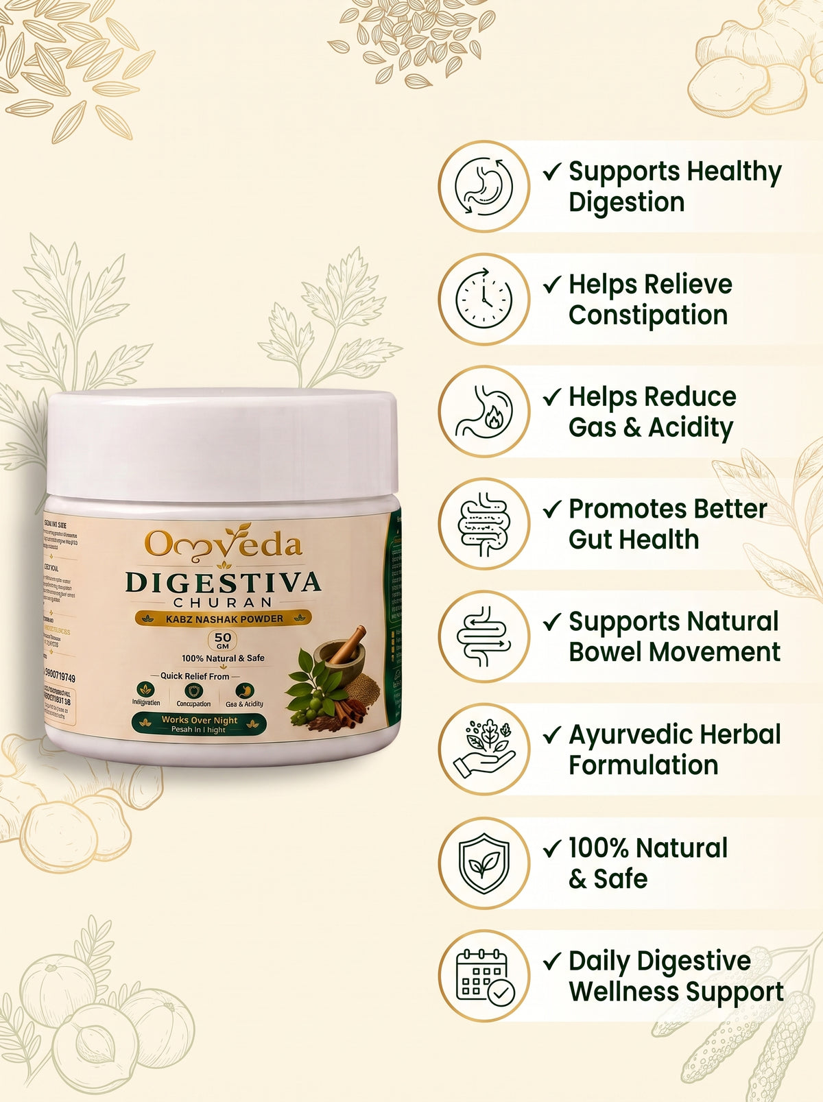 Digestiva Churan – Ayurvedic Herbal Powder for Constipation, Gas & Indigestion (50g)