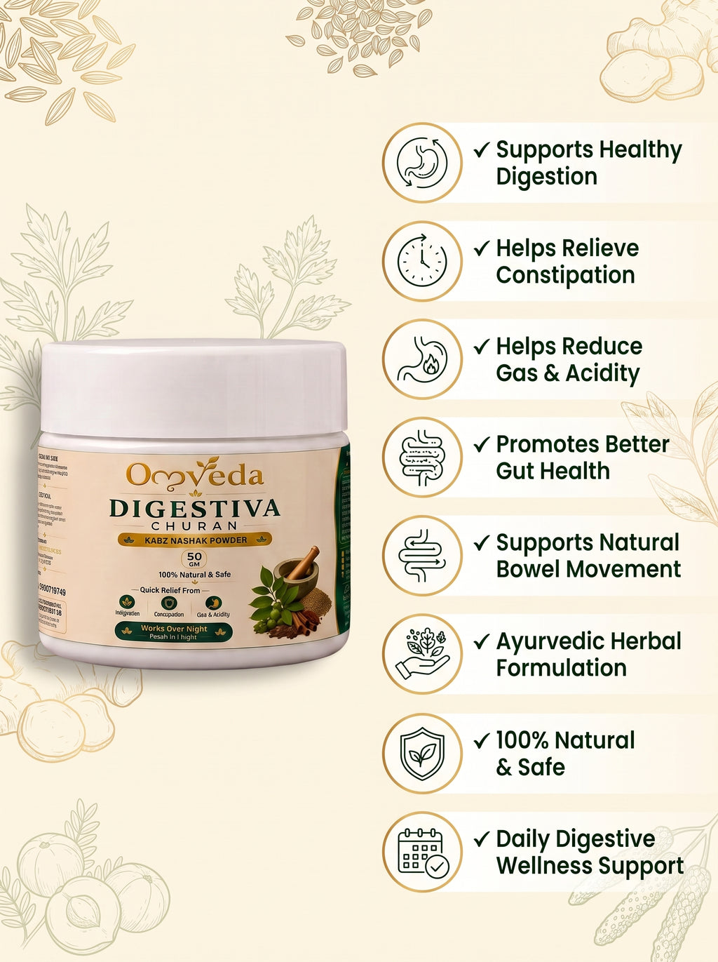 Digestiva Churan – Ayurvedic Herbal Powder for Constipation, Gas & Indigestion (50g)