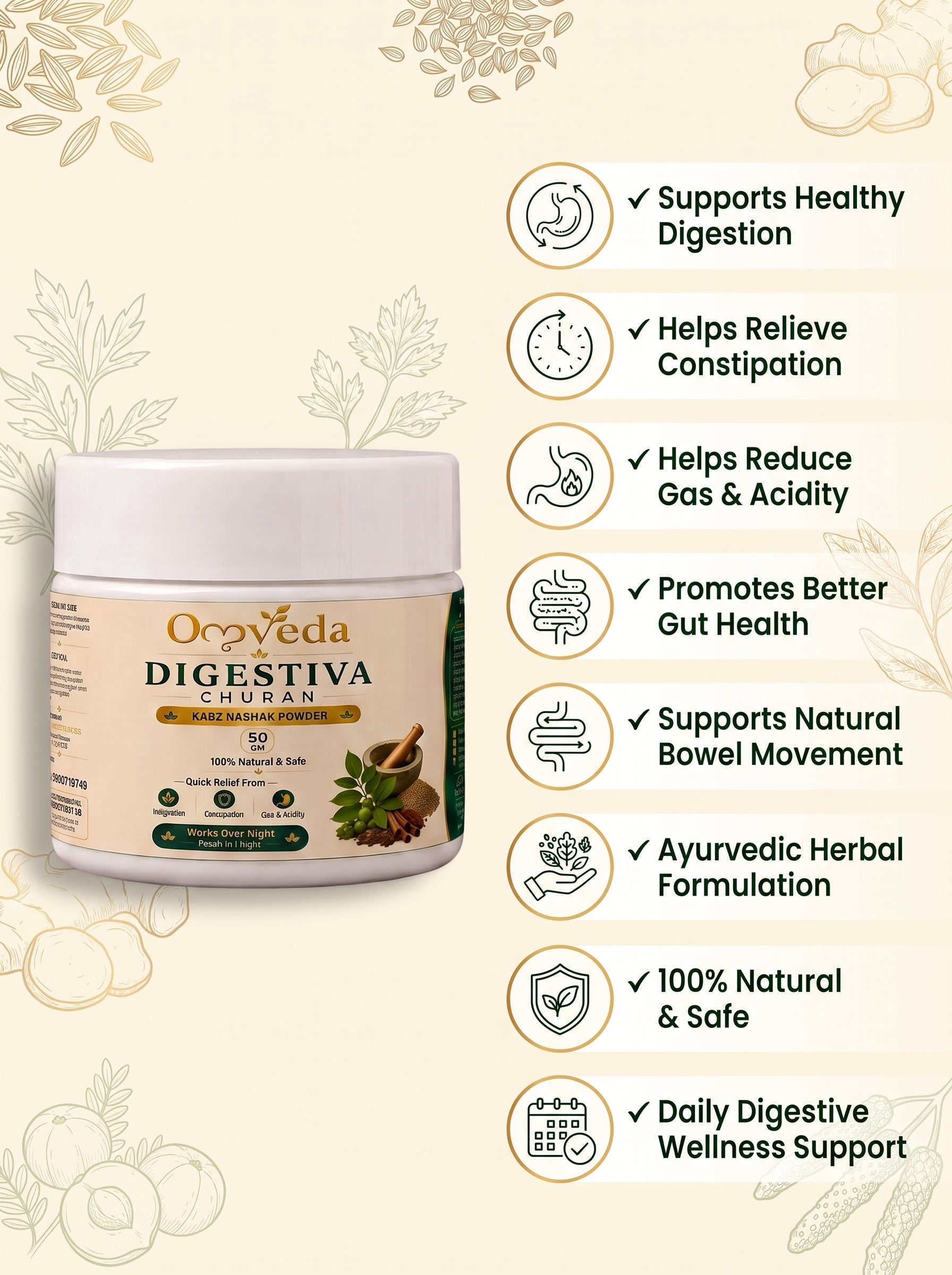 Digestiva Churan – Ayurvedic Herbal Powder for Constipation, Gas & Indigestion (50g)